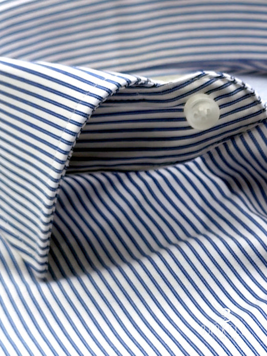Camicia in Cotone Doppio Ritorto Rigata Indaco e Bianco Collo Francese