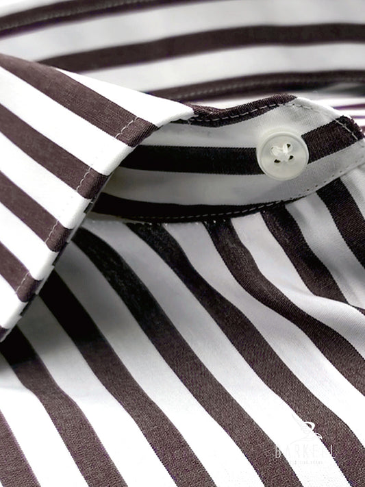Camicia in Cotone Doppio Ritorto Rigata Marrone e Bianco Collo Francese