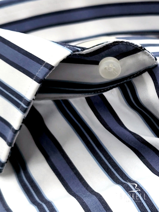 Camicia in Cotone Rigata Avio e Blu Collo Francese