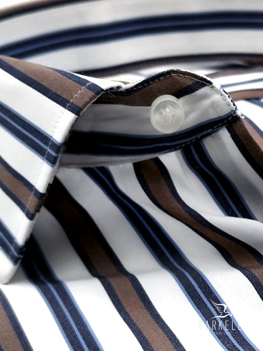 Camicia in Cotone Rigata Marrone e Blu Collo Francese