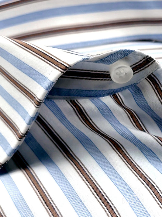 Camicia in Cotone Rigata Celeste e Nocciola Collo Francese