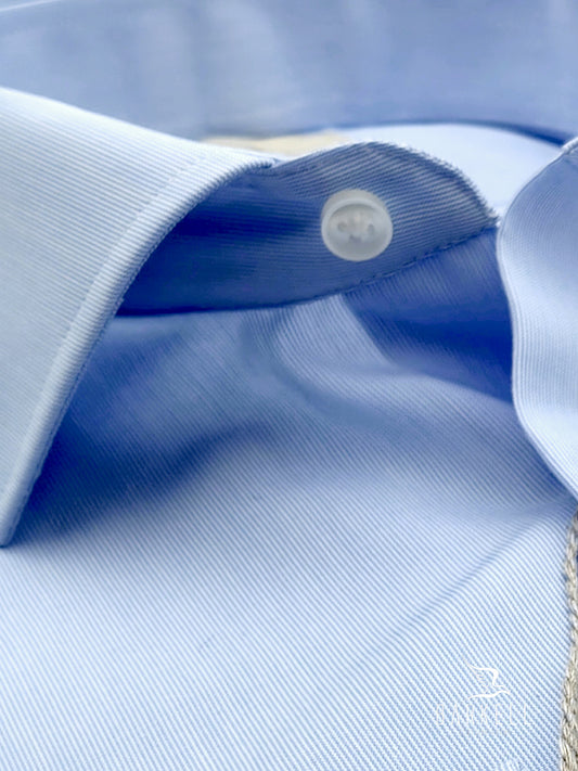 Camicia in Cotone No Stiro Rigata Celeste e Bianco Collo Francese