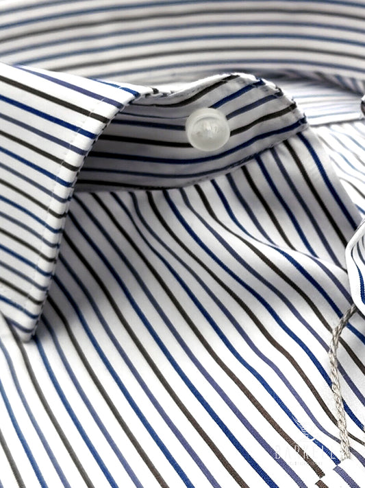 Camicia in Cotone e Cly Rigata Blu e Marrone Collo Francese