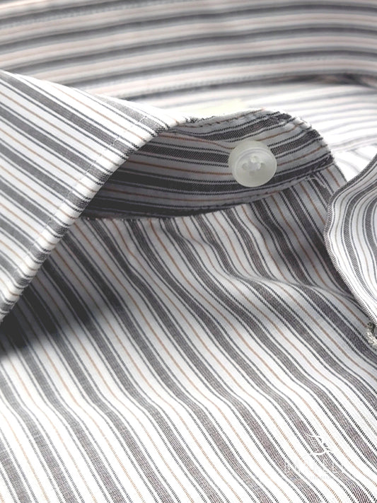 Camicia in Cotone Rigata Tortora e Bianco Collo Francese