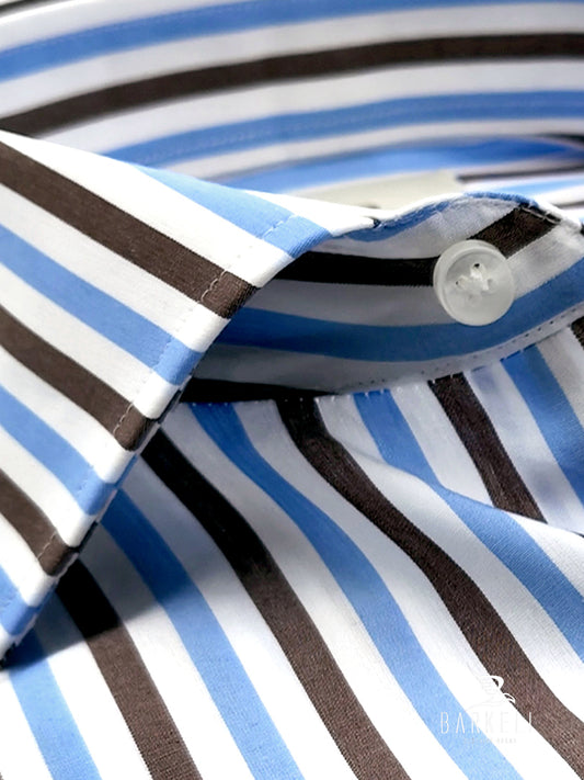 Camicia in Cotone Doppio Ritorto Rigata Marrone e Celeste Collo Francese
