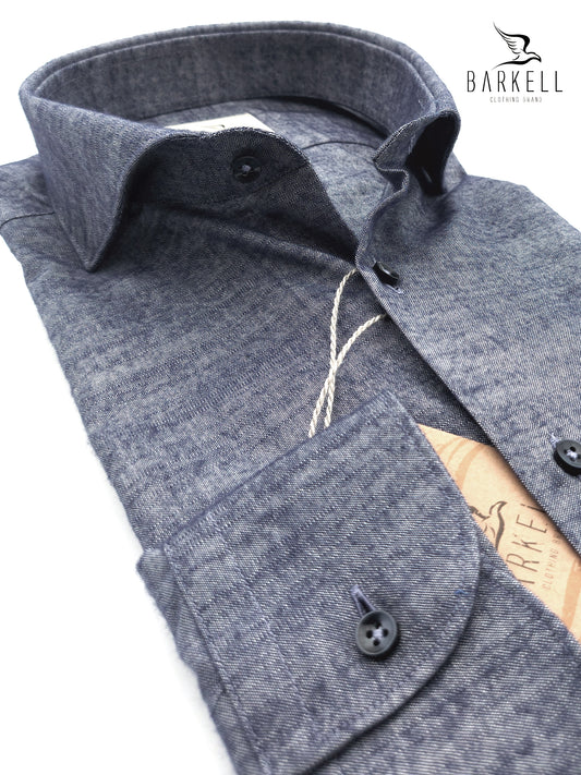 Camicia in Cotone Oxford Flanellato Blu Denim Collo Francese