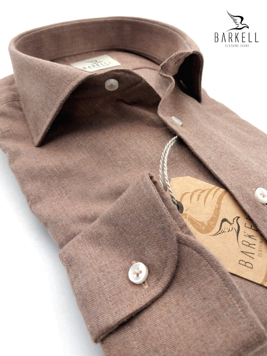 Camicia in Cotone Flanellato Marrone Collo Francese