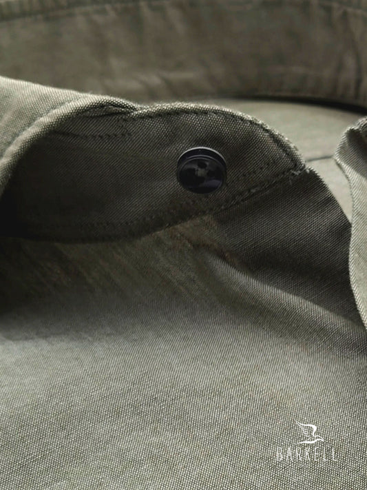Camicia in Cotone Denim Chambray Lavato Color Verde Salvia Collo Francese Cutaway