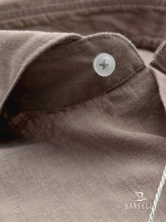 Camicia in Misto Lino Marrone Chiaro Collo Francese Cutaway