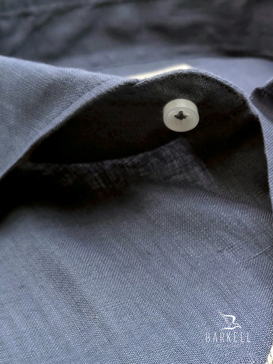 Camicia in Puro Lino Blu Denim Collo Francese Cutaway