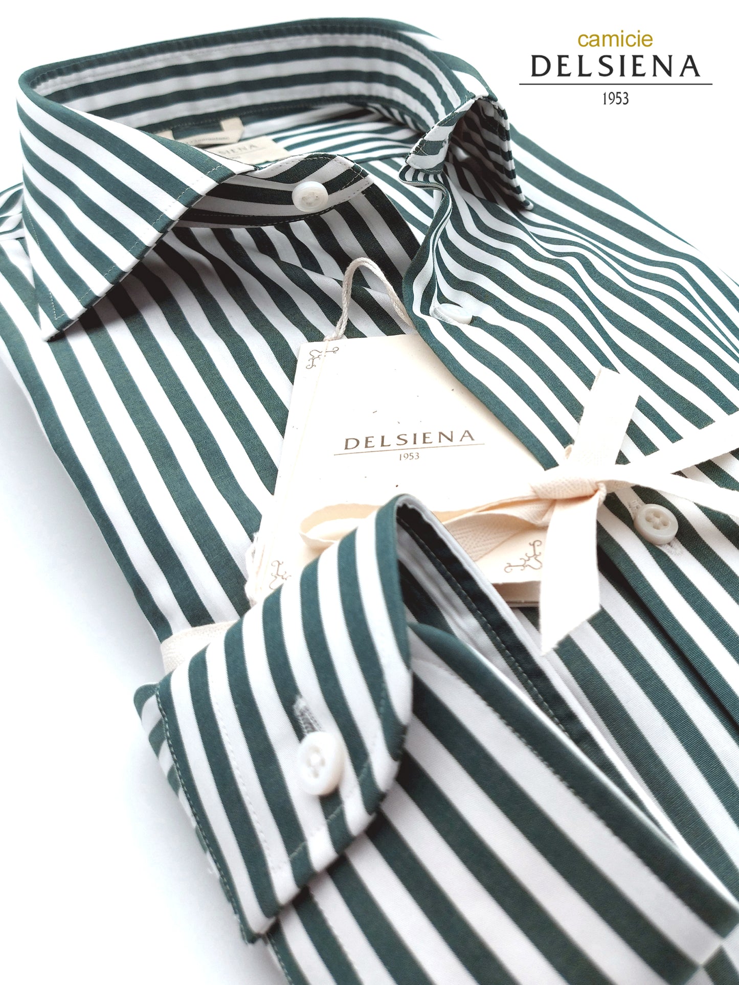 Camicia in Cotone Rigata Verde e Bianco Collo Francese