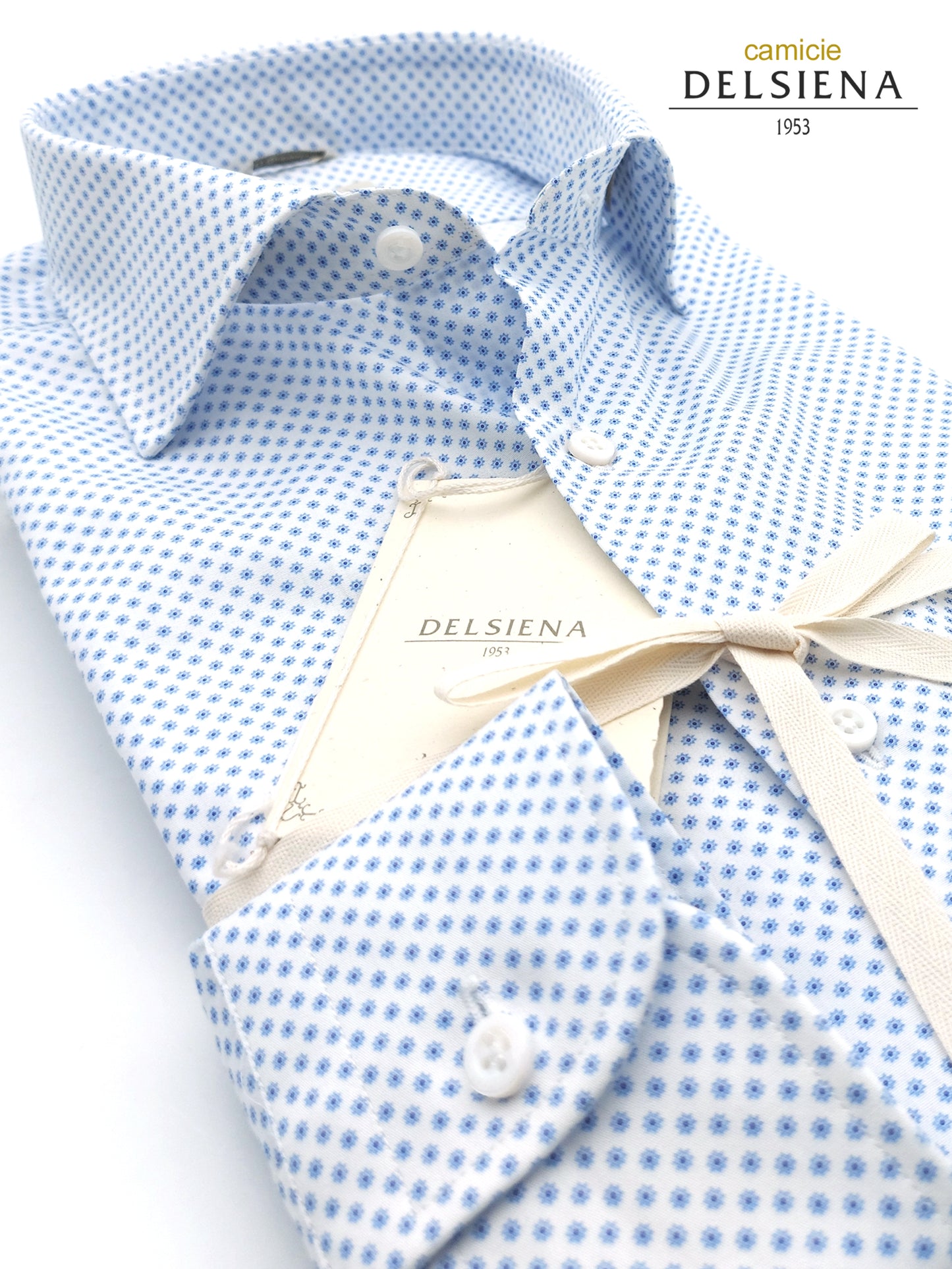 Camicia in Cotone Fantasia Fiorellino Azzurro Fondo Bianco Collo Francese
