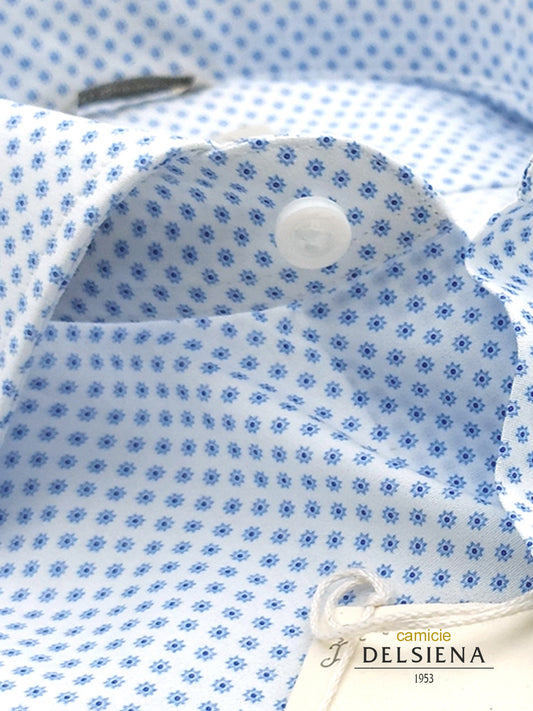 Camicia in Cotone Fantasia Fiorellino Azzurro Fondo Bianco Collo Francese