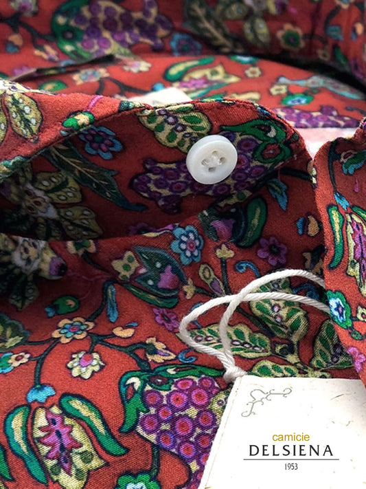 Camicia in Cotone Fantasia Paisley Multicolore Fondo Rosso Collo Francese