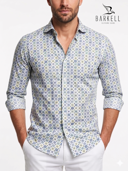 Cotton Shirt with Multicolored Majolica Pattern on White Background with Small Spread Collar