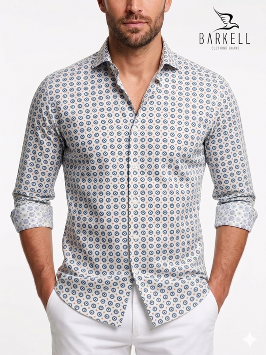 Cotton Shirt with Blue Geometric Pattern on White Background with Small Spread Collar