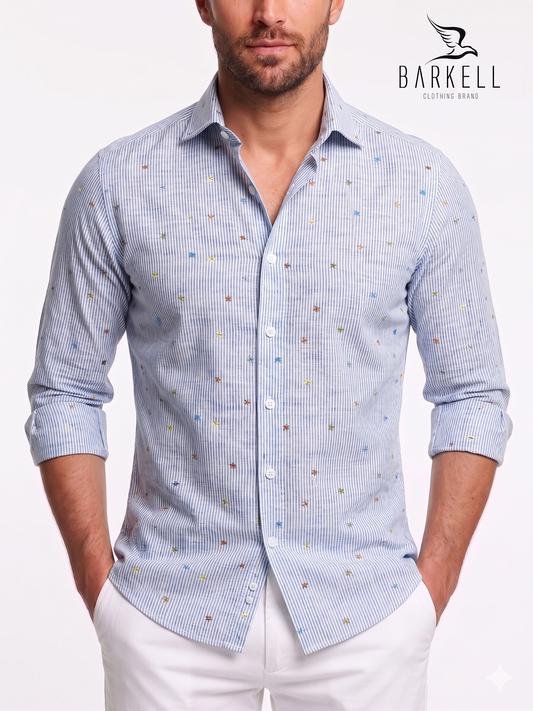 Cotton Shirt with Blue Stripe and Multicolored Flowers Pattern on White Background with Small Spread Collar