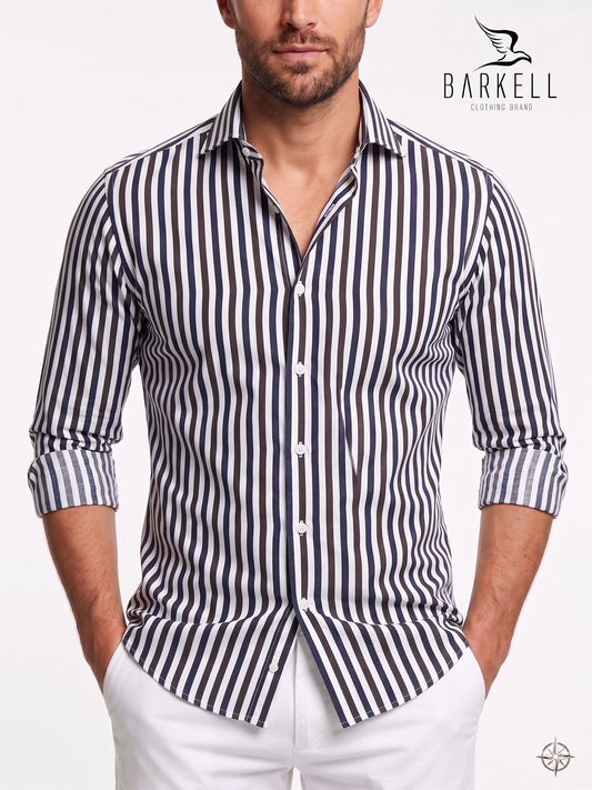 Blue and Brown Striped Cotton Shirt with Small Spread Collar