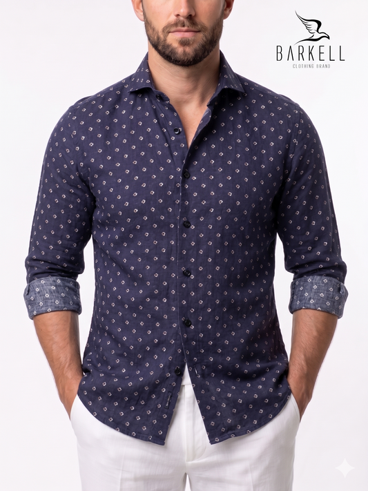 White Geometric Pattern Cotton Shirt with Purple Bottom Cutaway Spread Collar