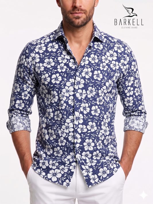 White Hibiscus Patterned Cotton Shirt with Indigo Background. Small French Collar