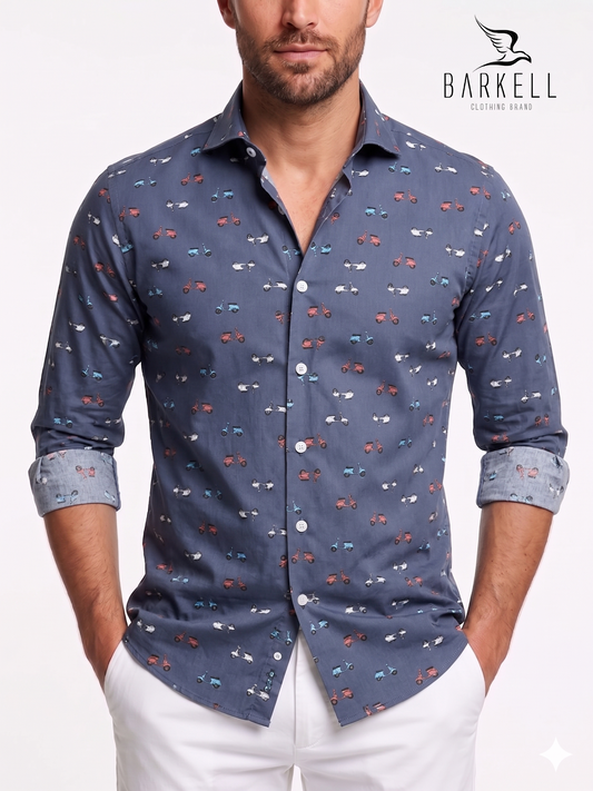 Cotton shirt with multicolored Vespa pattern. Blue background. Small cutaway collar