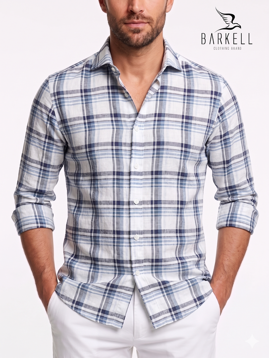 Camicia in Puro Lino Quadro Azzurro e Blu Fondo Bianco Collo Francese Piccolo