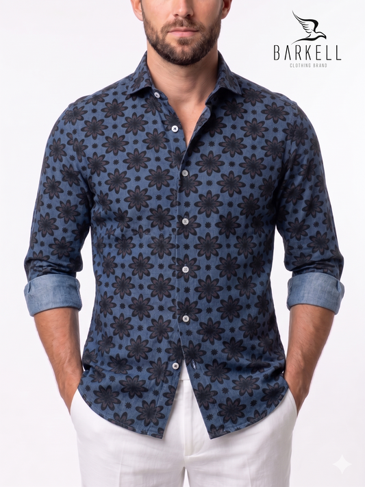 Camicia in Cotone Jeans Fantasia Fiore Marrone Fondo Denim Collo Francese Piccolo