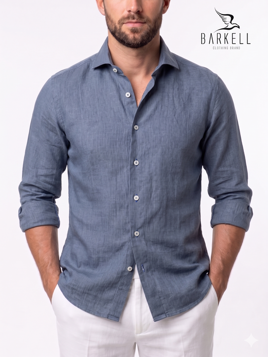 Shirt in Pure Linen Blue Denim Cutaway Spread Collar