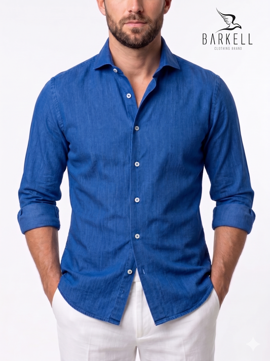 Electric Blue Pure Linen Shirt with Cutaway Spread Collar