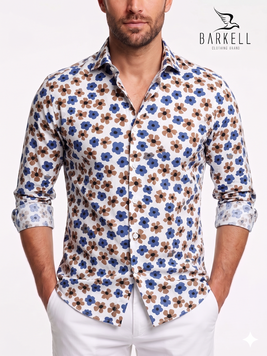 Cotton Shirt with Hazelnut and Blue Flower Pattern on White Background with Small Spread Collar