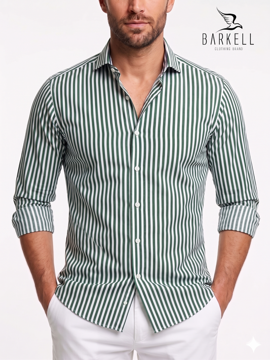 Green and White Striped Cotton Shirt with Small Spread Collar