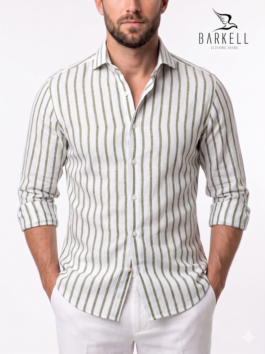 Olive Green and White Striped Linen Blend Shirt with Cutaway Spread Collar