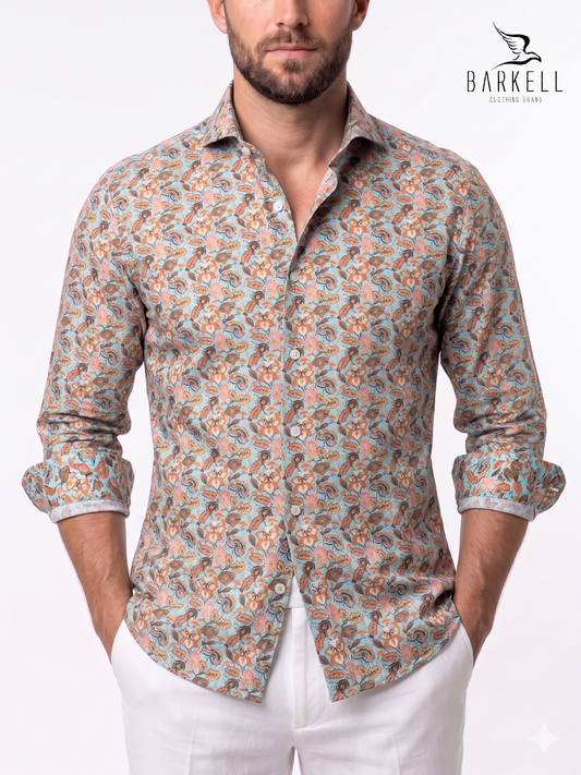 Camicia in Cotone Fantasia Floreale Multicolore Fondo Celeste Collo Francese Cutaway