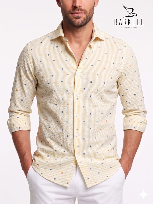 Cotton Shirt with Yellow Stripe and Multicolored Flowers Pattern on White Background with Small Spread Collar