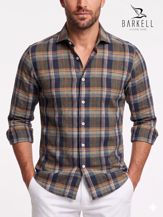 Pure Linen Shirt Multicolor Check Mud Background Small Spread Collar