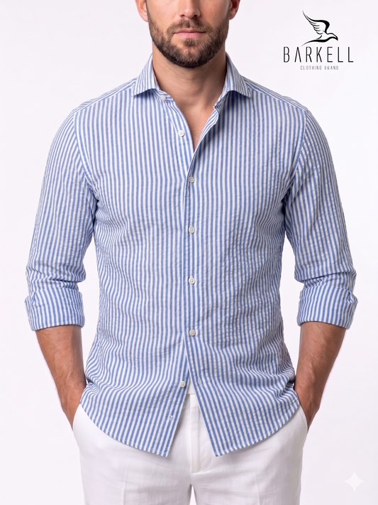 Light Blue and White Striped Seersucker Cotton Shirt with Cutaway Spread Collar