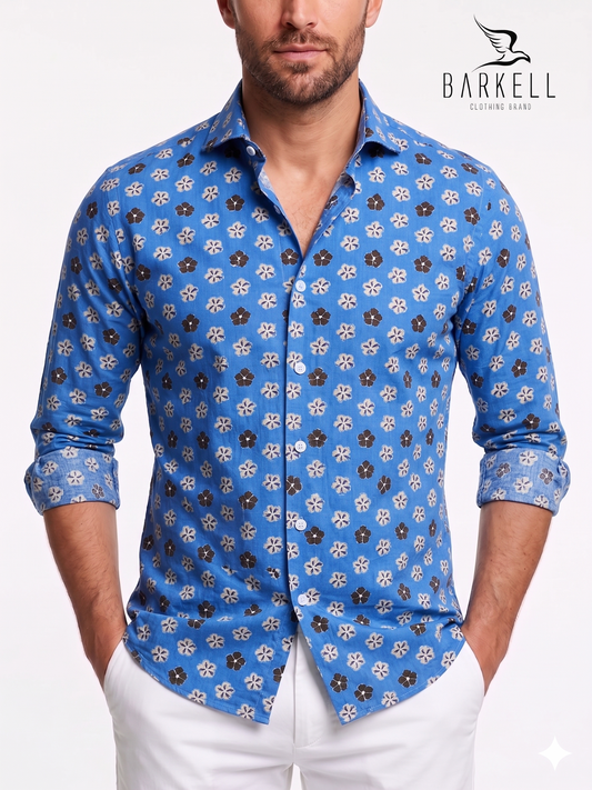 Cotton Shirt with Sand and Brown Flower Pattern, Light Blue Background, Small Spread Collar