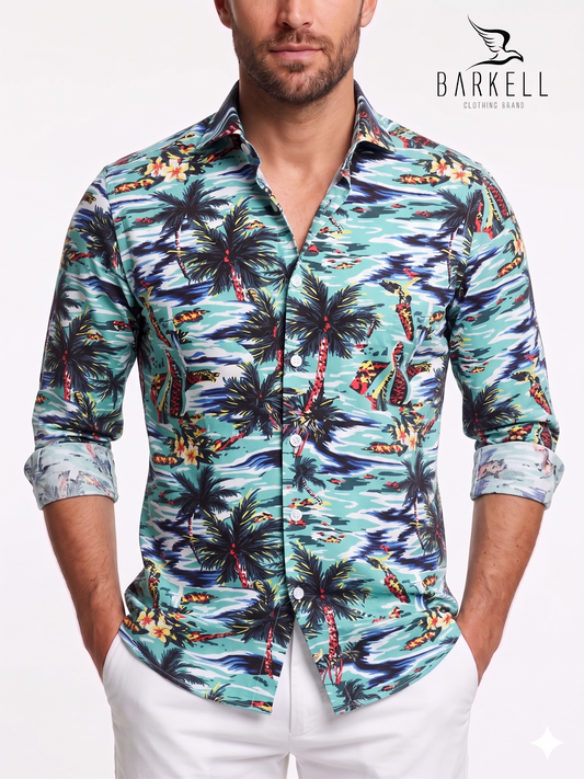 Hawaii Pattern Cotton Shirt Multicolored Bottom Small Spread Collar