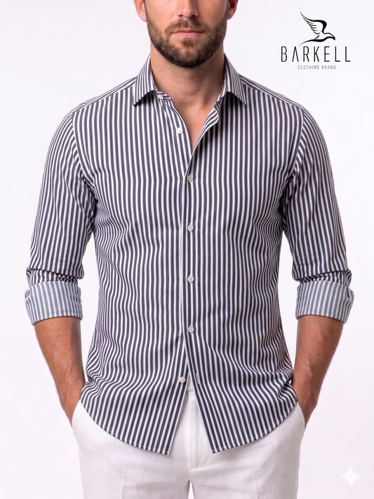 Chemise en coton sans repassage rayée bleu et marron fond blanc col français