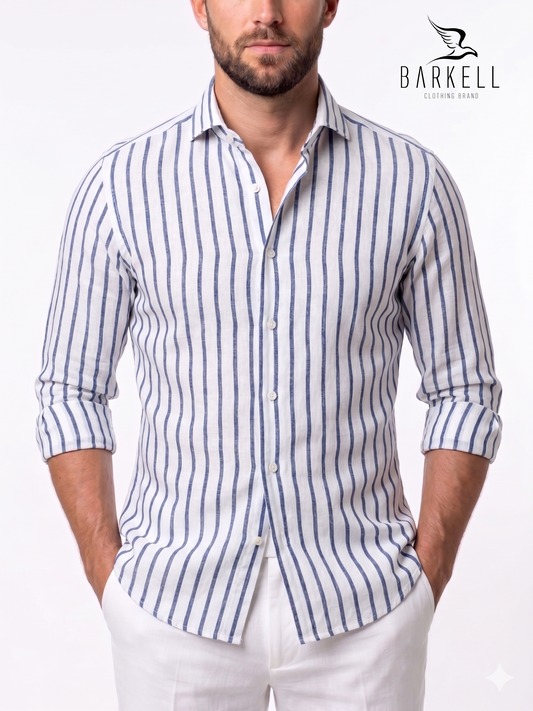 Blue and White Striped Linen Blend Shirt with Cutaway Spread Collar