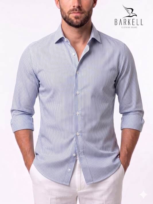 Camicia in Cotone No Stiro Rigata Azzurro e Bianco Collo Francese