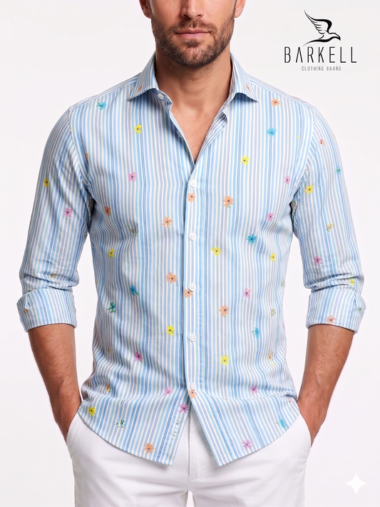 Cotton Shirt with Turquoise Stripe and Multicolored Flowers Pattern on White Background with Small Spread Collar
