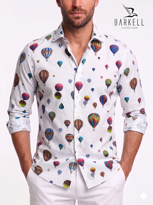 Cotton Shirt with Multicolored Hot Air Balloon Pattern on White Background with Small Spread Collar