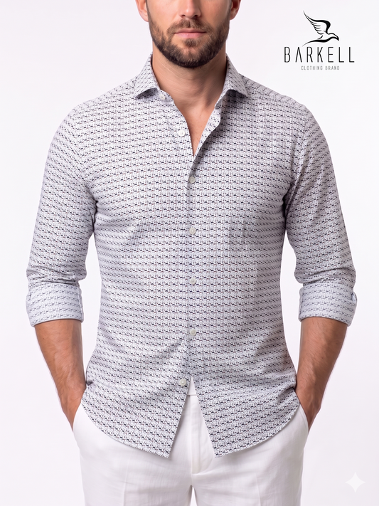 White Geometric Pattern Cotton Shirt with Purple Bottom Cutaway Spread Collar