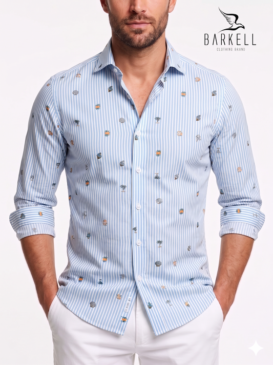 Cotton Shirt with Blue Stripes and Shells Pattern on White Background with Small Spread Collar