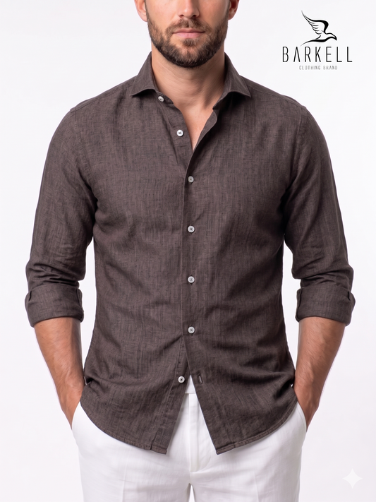 Brown Pure Linen Shirt with Cutaway French Collar