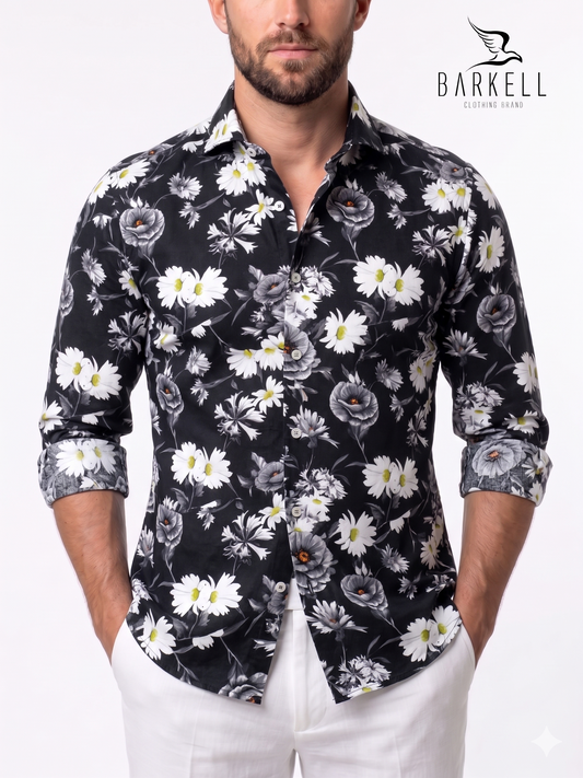 Camicia in Cotone Fantasia Floreale Fondo Nero Collo Francese Cutaway