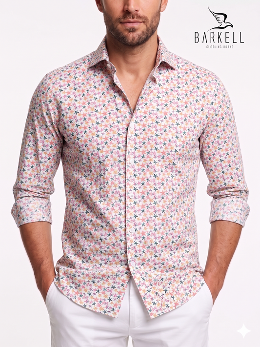 Cotton Shirt with Multicolored Stars Pattern on White Background with Small Spread Collar