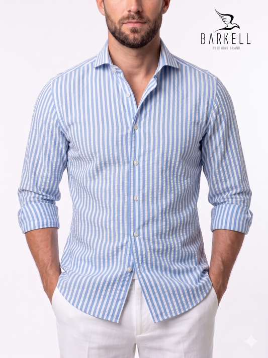Light Blue and White Striped Seersucker Cotton Shirt with Cutaway Spread Collar