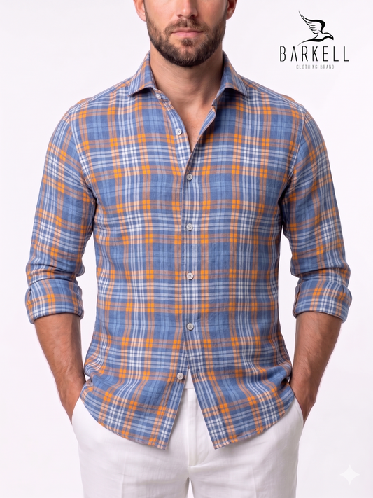 Camicia in Misto Lino Quadro Multicolore Fondo Azzurro Collo Francese Cutaway
